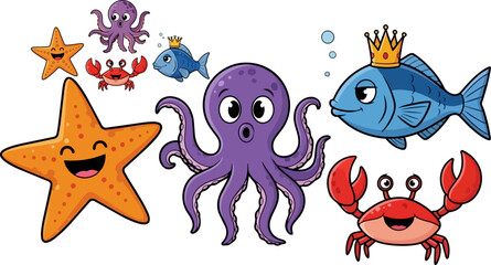 Obraz premium Cartoon sea creatures, ocean animals, colorful stickers, vector icons, octopus, starfish, crab, fish