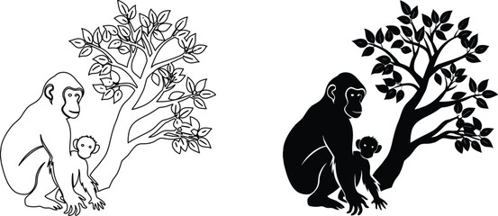Silhouette and line art of monkey with baby sitting under leafy tree branch in wild forest. © Aroti