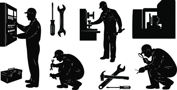 Industrial worker and maintenance technician vector illustration with machine repair tools engineering service and factory equipment icons set