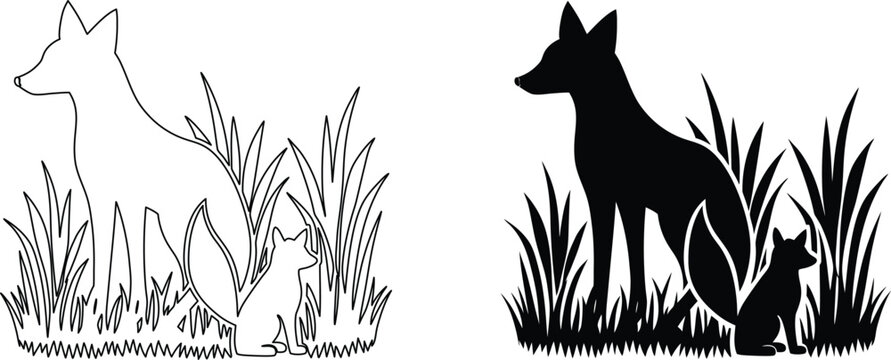 Silhouette and line art illustration featuring wild fox pair sitting among tall grass field.