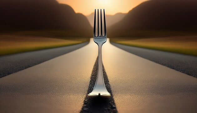 a literal shiny metal dinner fork is stuck upright in the middle of a miniature asphalt road that splits into two paths creating a simple and witty visual pun