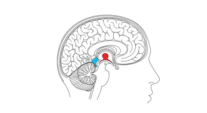 Anatomical cross-section of the human brain highlights internal structures such as the thalamus and pituitary gland in red and blue for medical study.
