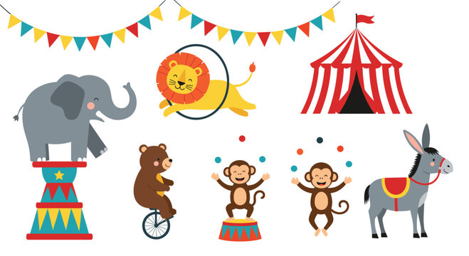 Set of colorful circus performance elements features trained animals like elephants, lions, bears, and juggling monkeys alongside a big top tent.