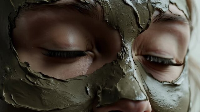 Extreme close up of a woman's face with bright blue eyes wearing a green cosmetic clay mask, blinking and looking around during a skincare beauty treatment at a spa or home