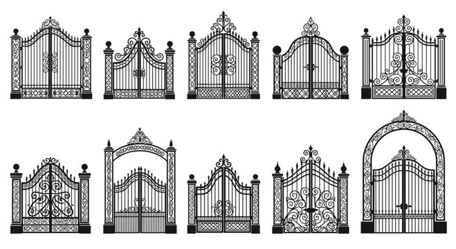 Collection of ornate wrought iron gate silhouettes in different architectural styles provides classic entrance designs for property and landscape.