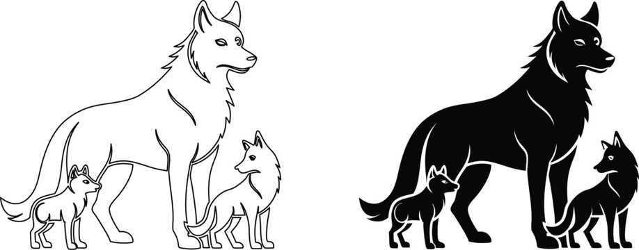 Wolf and pup silhouette and line art pack forest predator family nature vector collection.