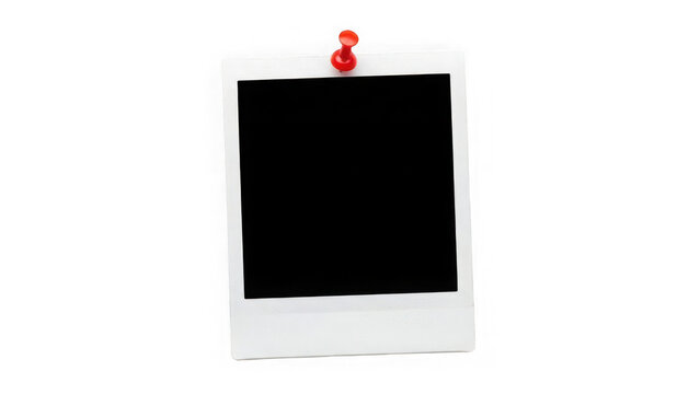 A vintage polaroid camera with a red push pin attached to the top right corner isolated on transparent background
