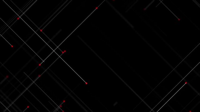 Stylish black and white background animation with gently moving diagonal white lines and red dots. This dark minimalist motion background is full HD and a seamless loop.