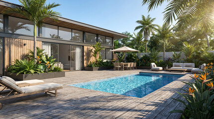 Obraz premium A modern house with a swimming pool and lounge chairs in a tropical setting with palm trees and a clear blue sky