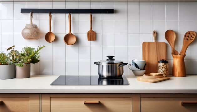 modern kitchen countertop with induction stove wooden utensils hanging tools and minimal decor against clean white tiled backsplash emphasizing functionality and simple aesthetic
