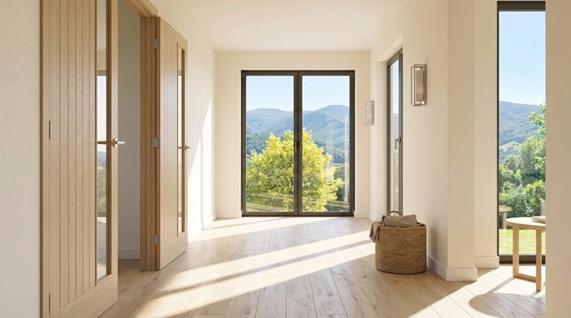 Sunlit modern hallway interior with natural wood doors and floors expansive glass doors revealing a vibrant green tree and majestic mountains under a clear blue sky
