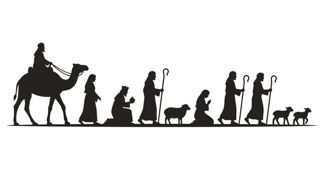 Christmas Nativity Scene Silhouette with Wise Men, Shepherd, and Sheep