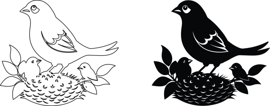 Bird family in nest illustration set with silhouette and outline versions of mother chicks.