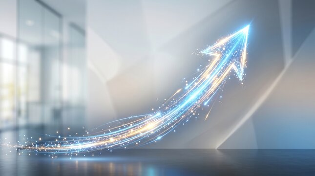 Dynamic digital arrow symbolizing robust business growth and future success in a modern corporate environment, representing innovation and upward trajectory