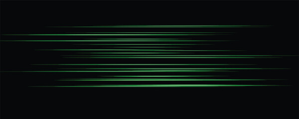Dynamic green glowing horizontal speed lines isolated on dark background, fast futuristic motion blur vector © MDSakib