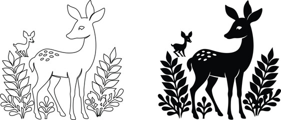 Obraz premium Deer and fawn in foliage line art and solid black silhouette on transparent background vector.