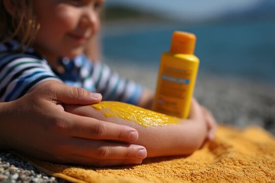 Parent applying sunscreen to child?s arm on yellow beach towel at seaside