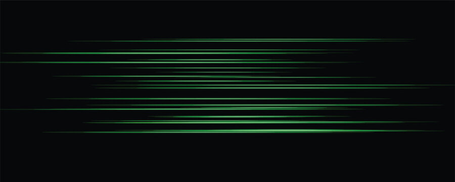 Dynamic green glowing horizontal speed lines isolated on dark background, fast futuristic motion blur vector