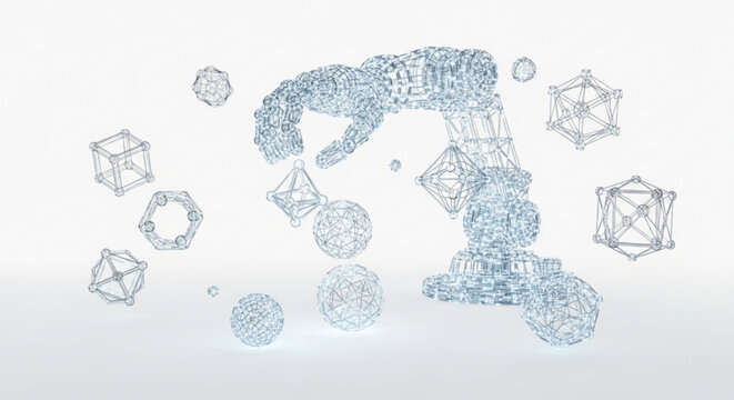 A futuristic robotic arm made of dots and lines assembles glowing geometric shapes in a virtual environment.