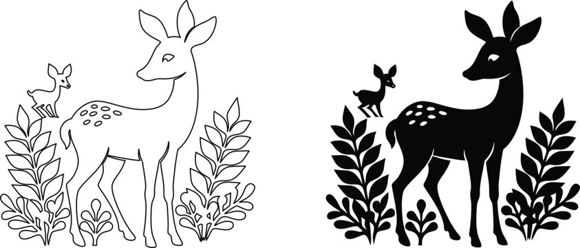 Deer and fawn in foliage line art and solid black silhouette on transparent background vector.