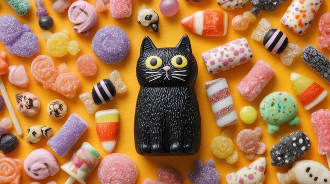 A modern flat lay stock photo of a stylized, textured black cat ceramic figurine surrounded by various patterned Halloween candies Colorful blocky background