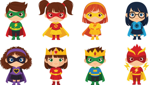 Cute superhero kids cartoon character set with masks capes and costumes vector illustration collection
