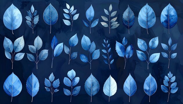 A collection of artistic watercolor blue leaf illustrations set on a dark textured background for creative design projects and patterns.