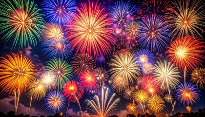 Fototapeta premium Vibrant colorful fireworks display lighting up the night sky during a festive holiday celebration or a grand summer public festival event.