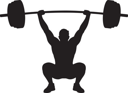 Silhouette of a strong person performing an overhead squat and lifting a heavy barbell demonstrating weight training and fitness full body white background weightlifting silhouette exercise