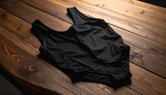 A simple black swimsuit resting on a rustic dark wooden table representing summer vacation preparation and holiday travel clothing essentials.