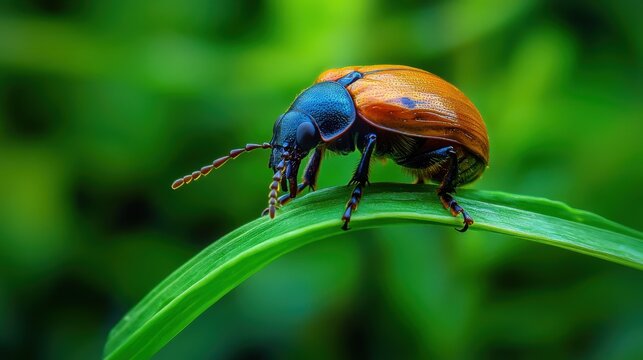 Detailed macro shot of a June bug resting on a green leaf