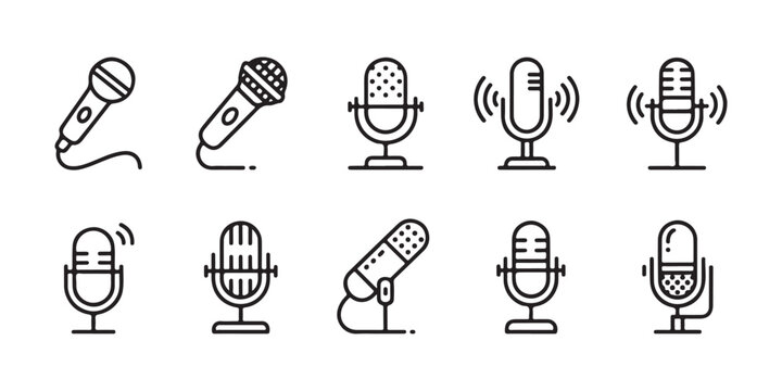 Set of ten professional recording microphone vector icons illustrated in simple black line art style for audio.