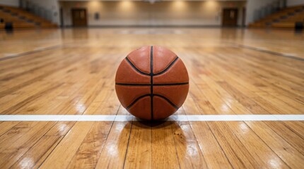 Naklejka premium Basketball sitting on the court floor in an empty gymnasium