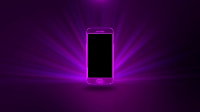 Purple neon smartphone light background glowing mobile frame, black display area, radiant beams, dark studio space. app promo , phone mockups, social media ads, mobile UI demos, technology intros.