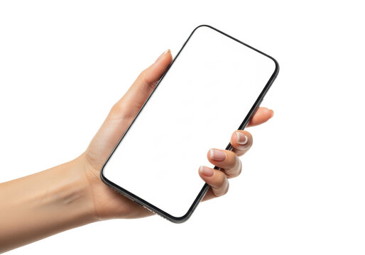 slender light tan female hand with minimalist clear nails holding a modern charcoal smartphone with a blank white screen mockup, isolated on transparent copy space. concept for digital product
