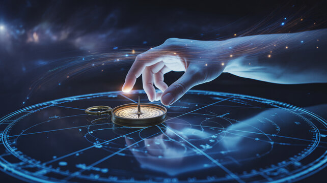 A hand interacts with a glowing compass on a futuristic blue navigation interface with celestial elements in the background