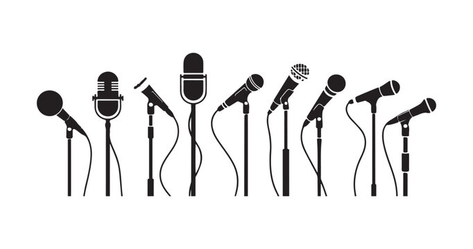 Set of eight microphone icons on stands, isolated on white background, black and white flat vector illustration.