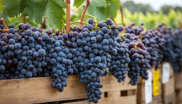 Bountiful Grape Harvest Ripe Fruits in Rustic Wooden Crates Ready for Premium Winemaking Process