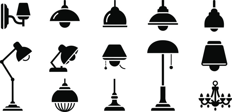 Collection of black silhouette lamps and lighting fixtures