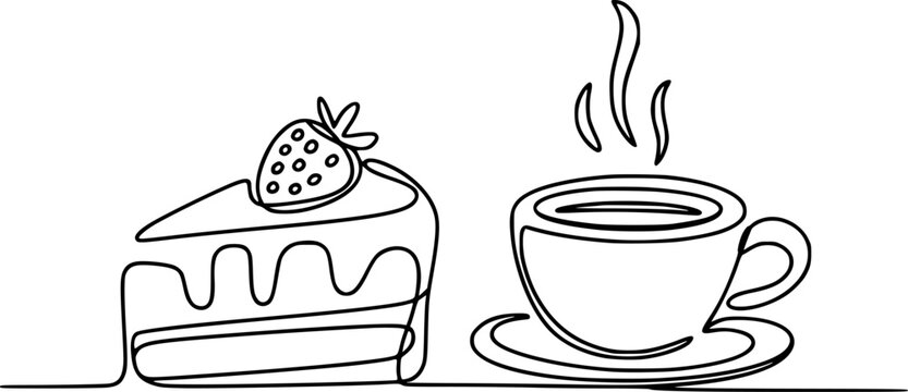 Minimalist line of strawberry cake slice and steaming coffee cup white background