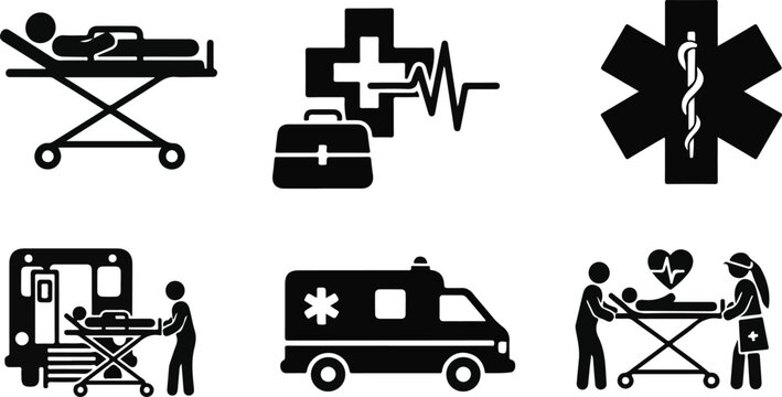 Emergency medical service ambulance and patient transport vector illustration with hospital rescue icons and healthcare support symbols