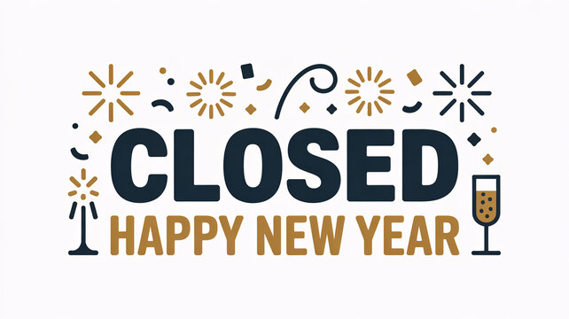 Closed happy new year sign with festive fireworks and champagne on white background