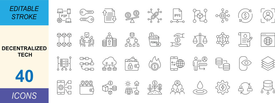 Premium decentralized technology icon set featuring blockchain infrastructure, smart contracts, and fintech solutions. Minimalist UI elements for Web3, secure data, and networking.