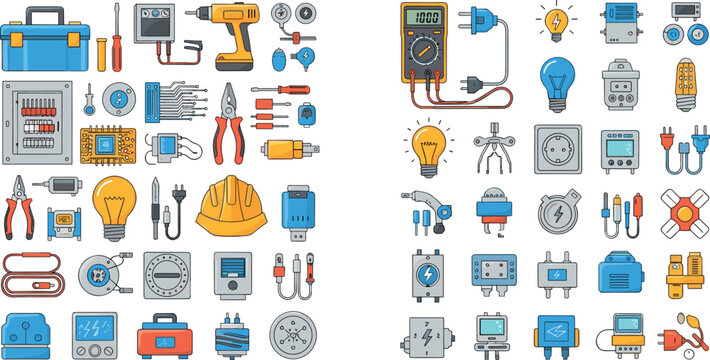 Electrical Tools and Equipment Vector Icon Set with Multimeter, Drill, Light Bulbs, Plugs, Wiring and Toolbox for Electrician Work