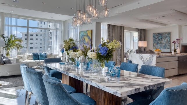 Luxury dining room with marble table blue chairs and bright city view apartment