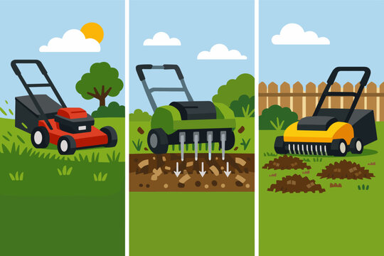 Professional Lawn Care Maintenance Vector Illustration Set Showing Three Essential Steps: Grass Mowing, Soil Aeration with Spikes, and Dethatching Scarification for a Healthy Lush Green Backyard.
