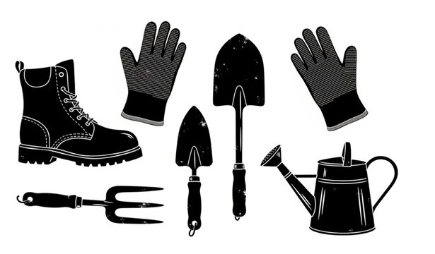 Black Silhouette Gardening Equipment Vector Collection with Hand Drawn Farm Tools and Work Gear