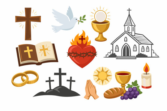 Set of Christian Religious Symbols and Icons Featuring Sacred Heart of Jesus, Church Sketch, Holy Bible, Wooden Cross, Dove of Peace, Eucharist Chalice, Wedding Rings, Calvary, and Praying Hands