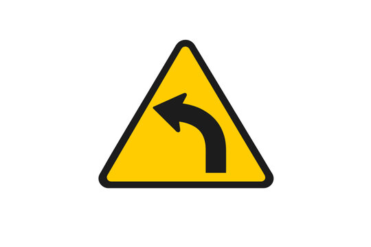 Left Curve Ahead Road Warning Sign Icon with Black Arrow Traffic Direction Symbol Isolated on White Background. Vector Illustration of a Yellow Triangular Caution Sign for Sharp Turn Left Roadway.