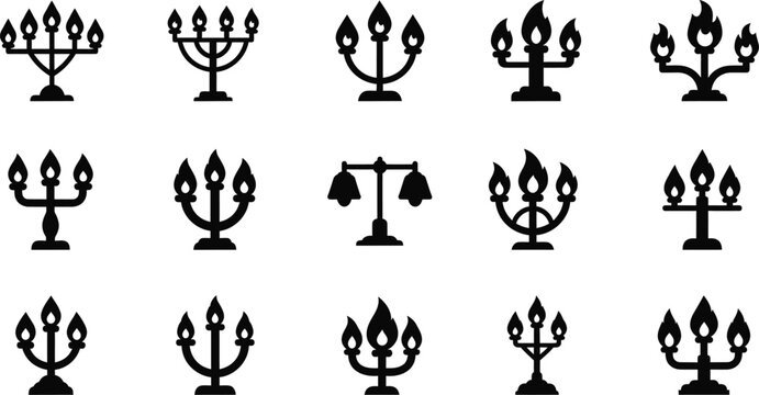 Collection of black menorah icons diverse designs for jewish heritage
